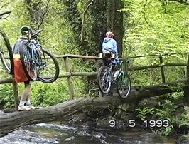 The precarious journey across the footbridge over the River Bovey to Houndtor Wood